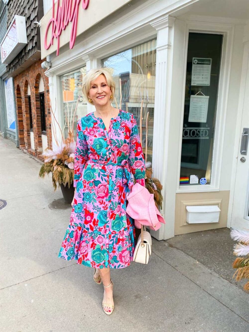 Talbots Petite 8P Pink Teal Floral Cotton Midi Dress Tiered Belted Shirtdress